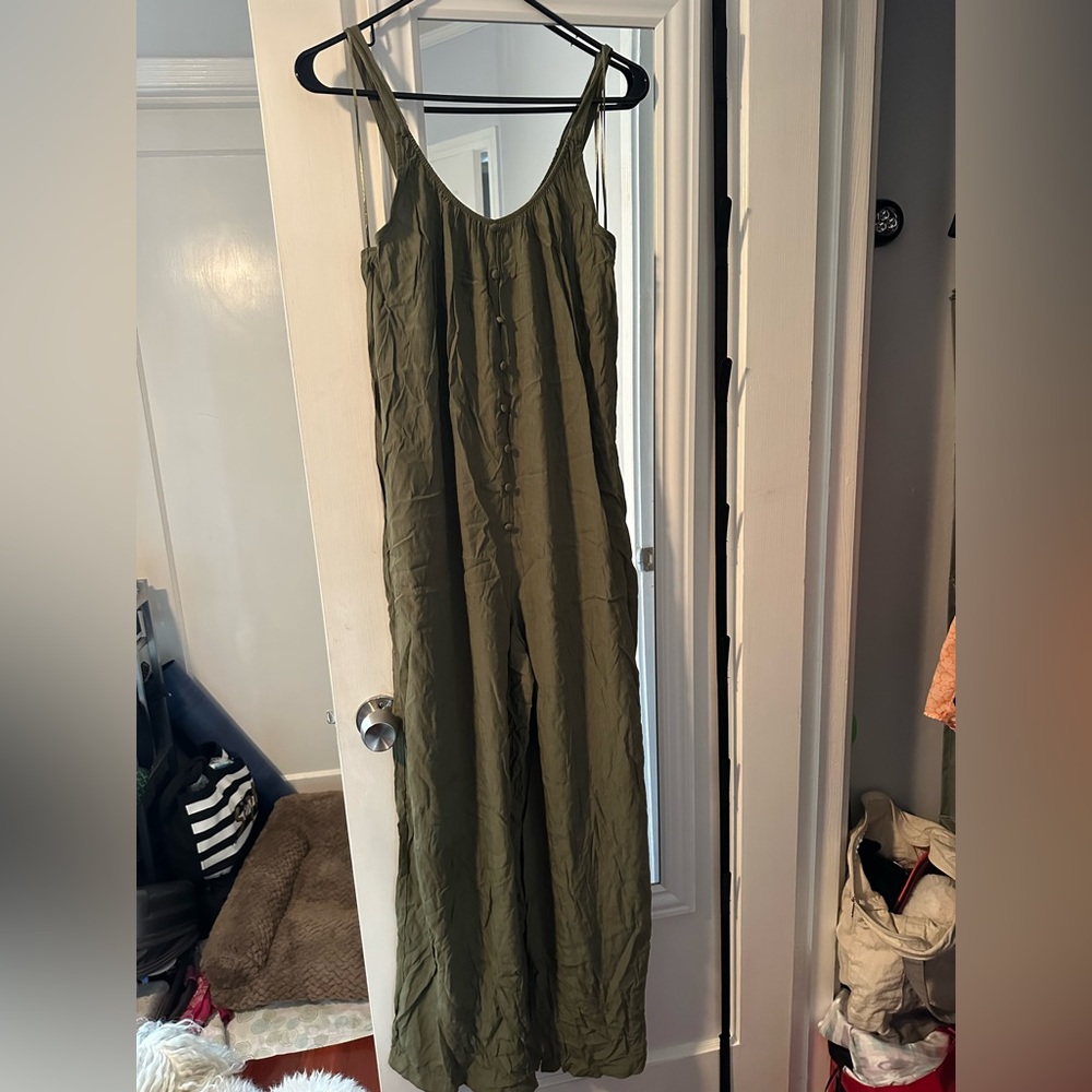 Zara Olive Green Cargo Knit Long Romper Jumpsuit One-Piece Buttons Women M New